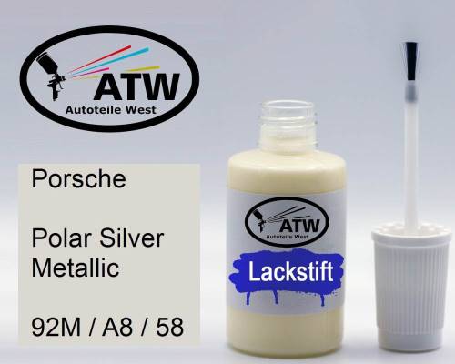 Porsche, Polar Silver Metallic, 92M / A8 / 58: 20ml Lackstift, von ATW Autoteile West.